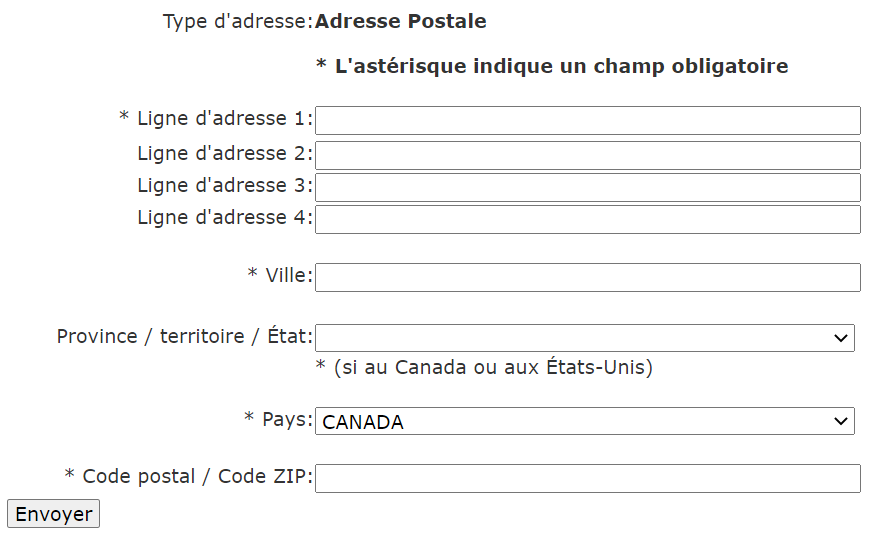 Capture d'écran : Adresse postale. Dans le cadre du processus d'inscription, cet écran vous demande d'entrer l'adresse postale de votre entreprise.
